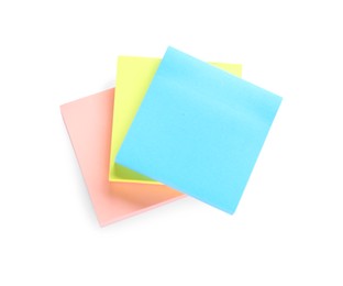 Blank colorful sticky notes on white background, top view