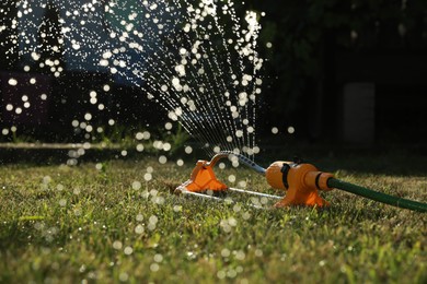 Photo of Automatic sprinkler watering green grass on sunny day outdoors. Irrigation system