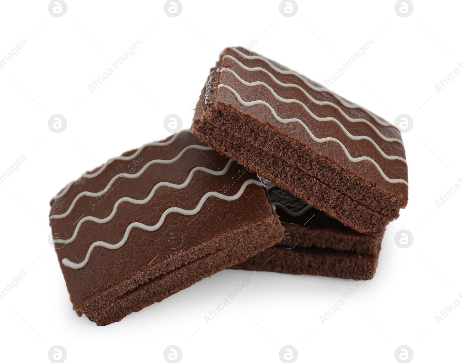 Photo of Delicious chocolate sponge cakes isolated on white