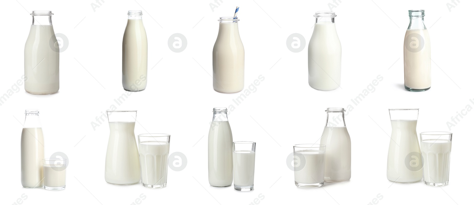 Image of Set with different glassware of fresh milk on white background. Banner design