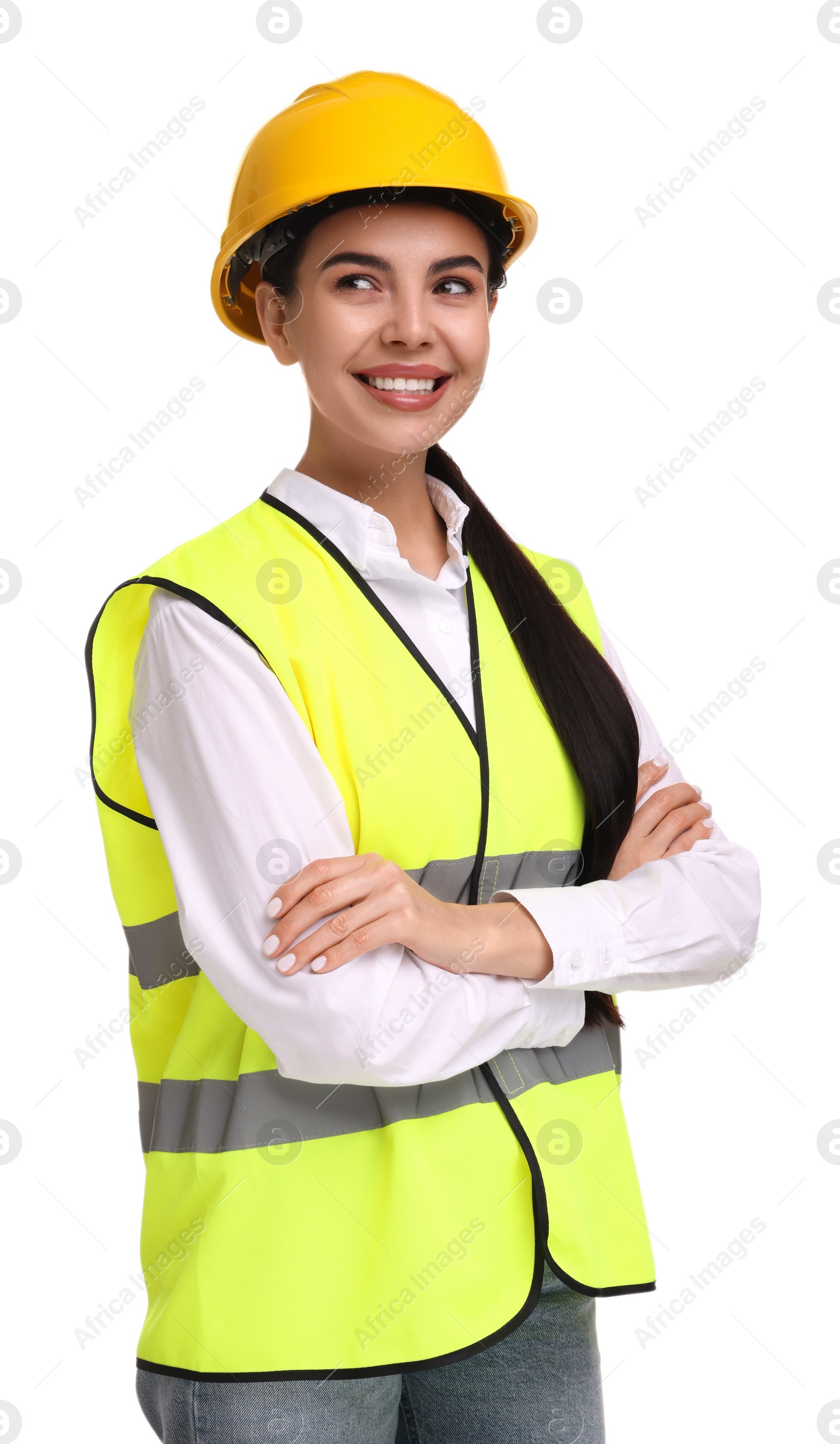 Photo of Engineer in hard hat on white background