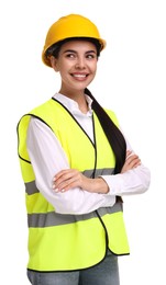 Photo of Engineer in hard hat on white background