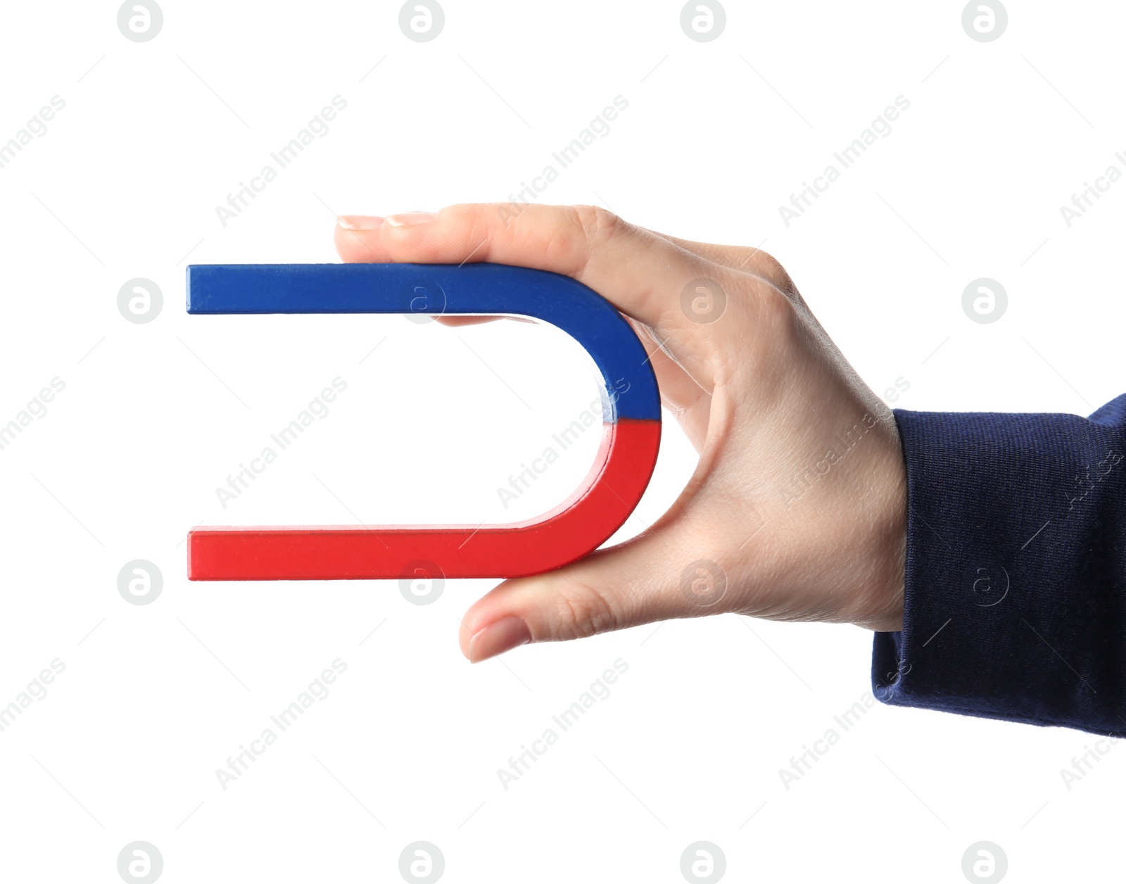Photo of Woman holding magnet on white background, closeup