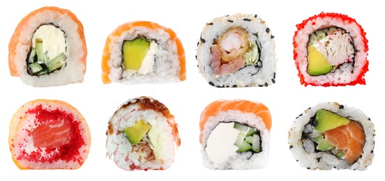 Image of Set of delicious different sushi rolls on white background