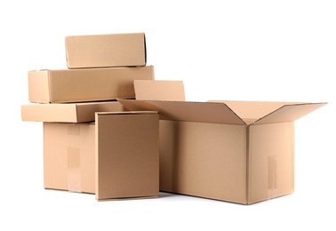 Pile of cardboard boxes on white background