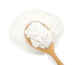 Photo of Baking powder in spoon isolated on white, top view