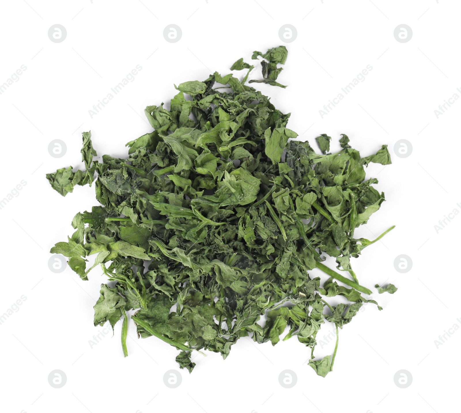 Photo of Heap of dried parsley on white background, top view