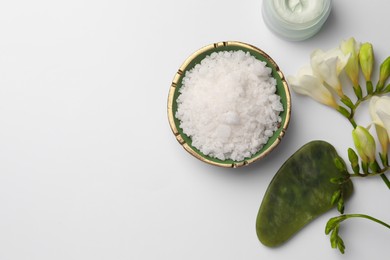 Photo of Flat lay composition with different spa products on white background. Space for text