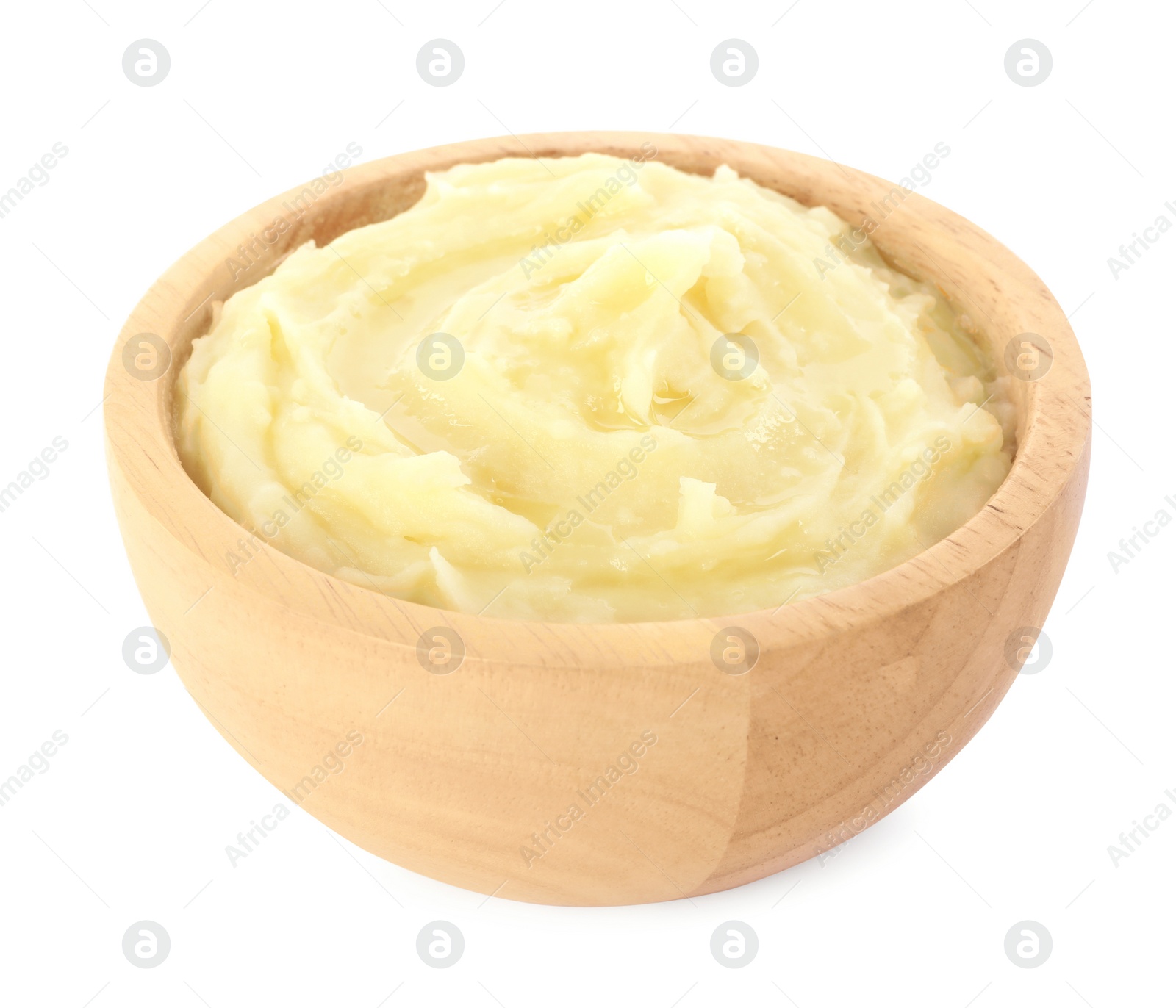 Photo of Bowl of tasty mashed potato isolated on white