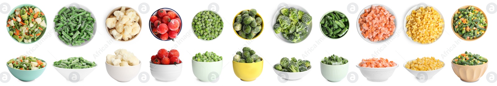 Image of Set of different frozen vegetables on white background. Banner design 