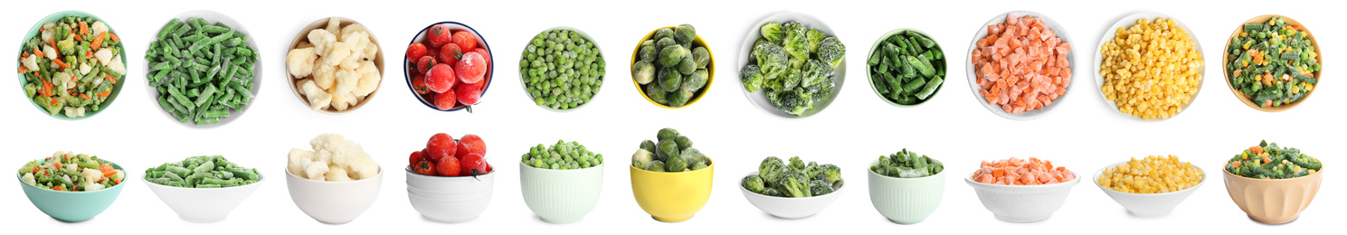 Image of Set of different frozen vegetables on white background. Banner design 