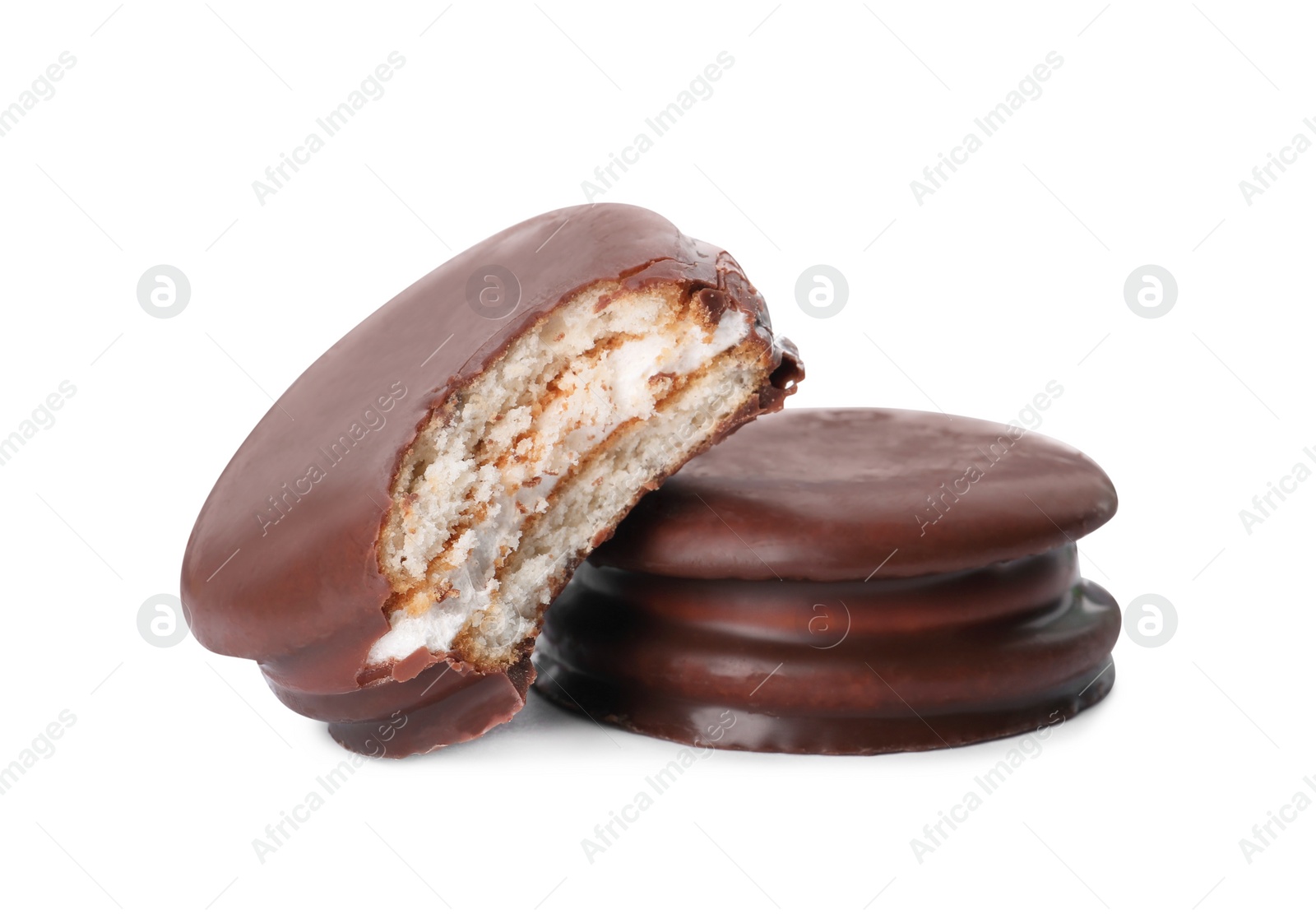 Photo of Delicious choco pies on white background. Classic snack cakes