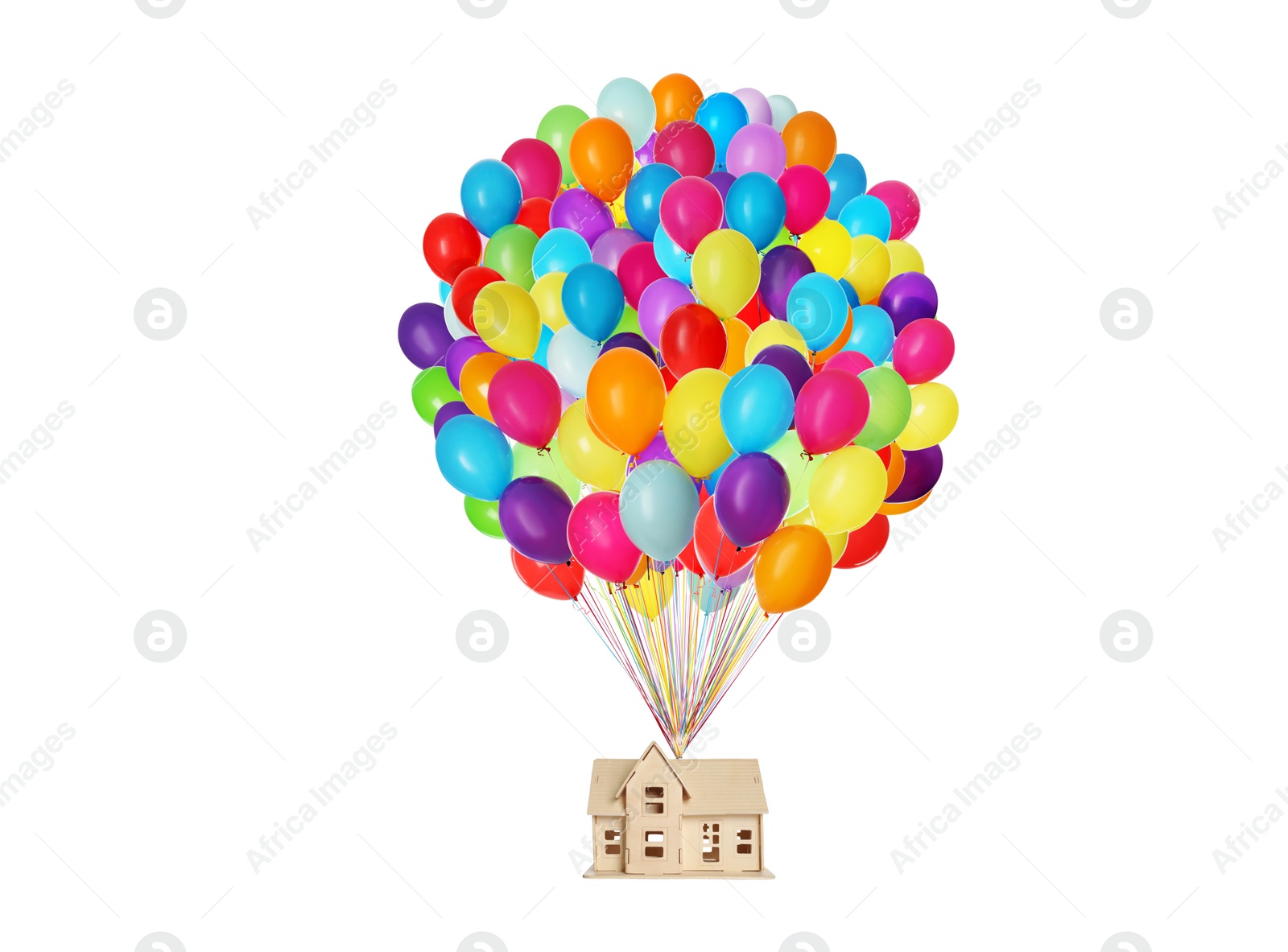 Image of Many balloons tied to model of house flying on white background