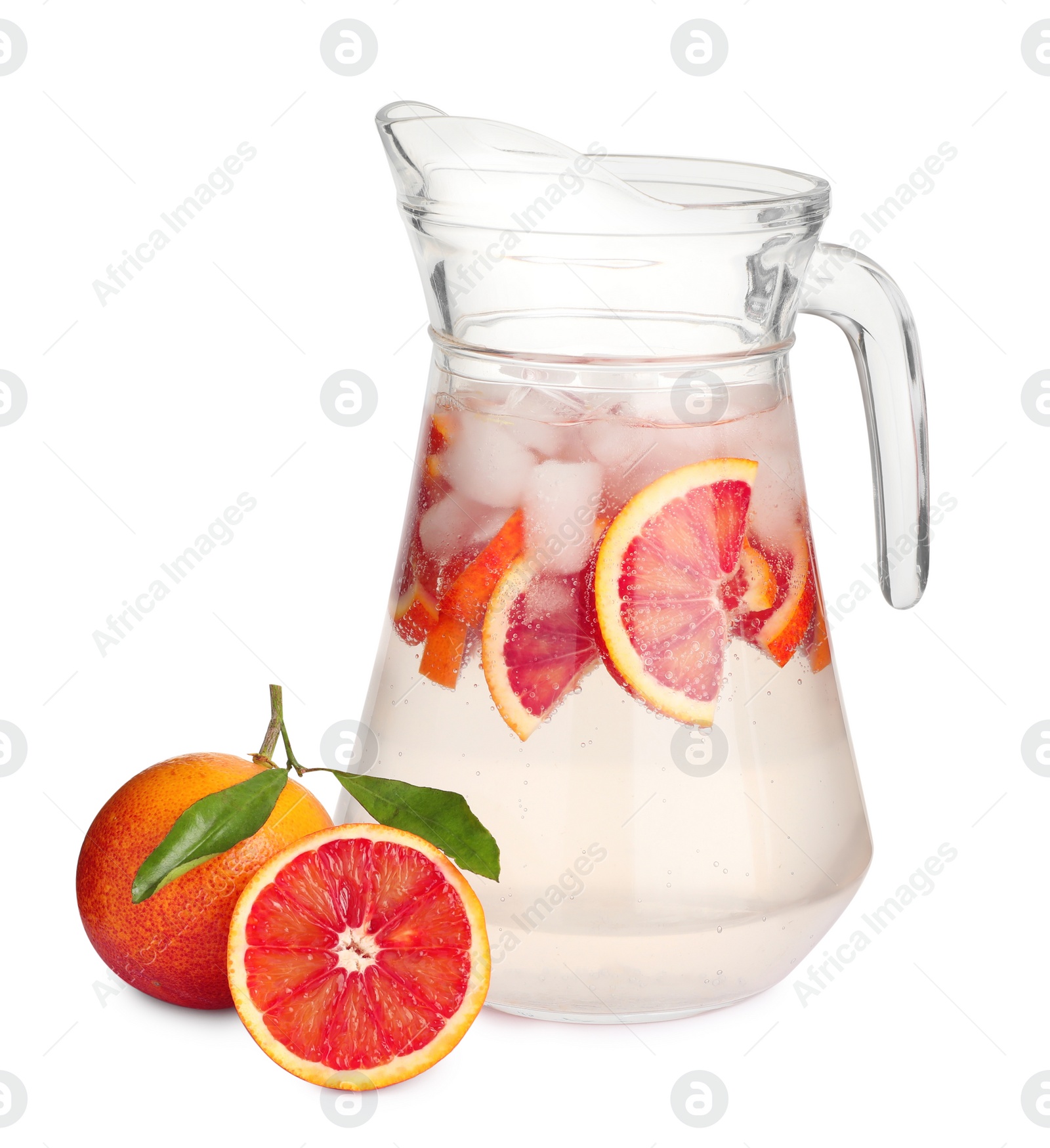 Photo of Delicious refreshing drink with sicilian orange and ice cubes in jug isolated on white