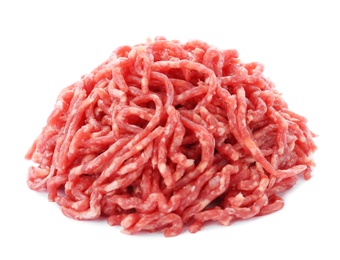 Photo of Fresh raw minced meat on white background