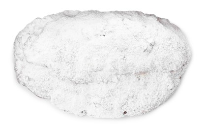 Photo of Delicious Stollen sprinkled with powdered sugar isolated on white, top view