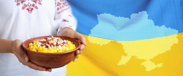 Collage with photos of woman holding bowl of banosh and national flag, banner design. Traditional Ukrainian dish