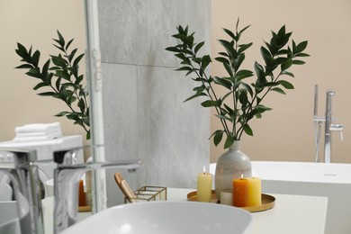 Photo of Beautiful plant in vase and burning candles near vessel sink on bathroom vanity