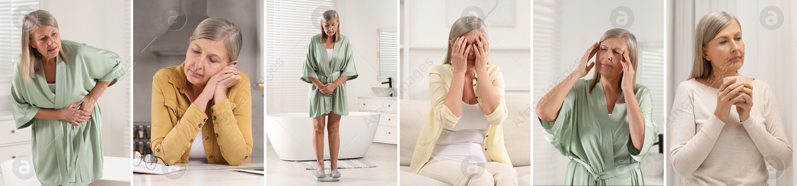 Image of Menopause, collage with photos of woman suffering from different symptoms