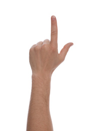 Photo of Man pointing at something against white background, closeup of hand