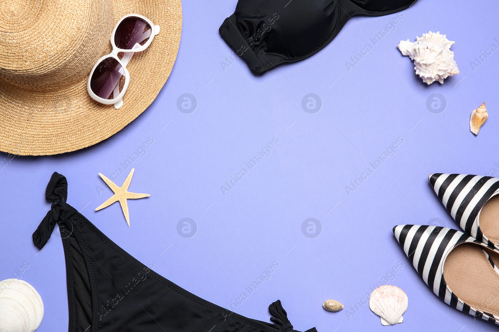 Photo of Flat lay composition with stylish bikini on color background. Space for text