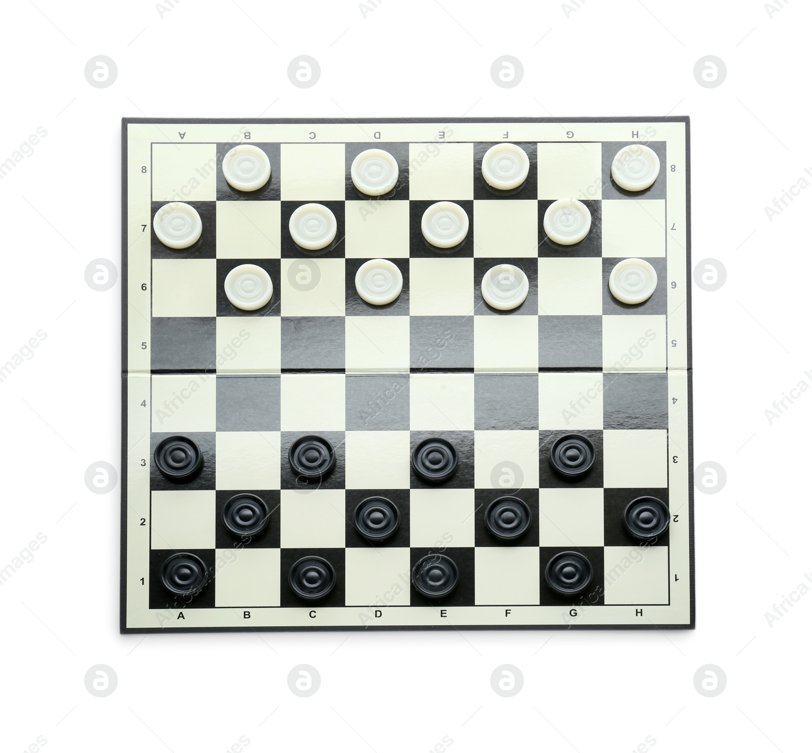 Photo of Checkerboard with game pieces isolated on white, top view