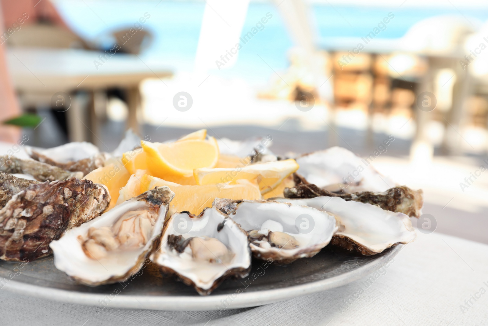 Photo of Fresh oysters with cut juicy lemon served on table