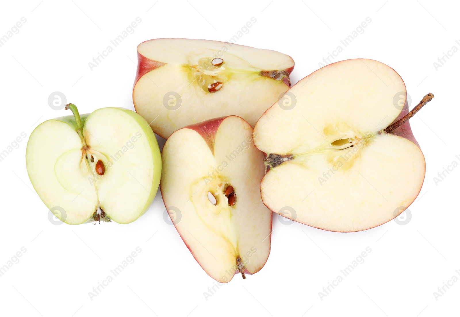 Photo of Pieces of ripe apples isolated on white, top view