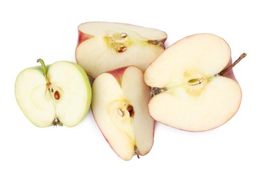 Photo of Pieces of ripe apples isolated on white, top view