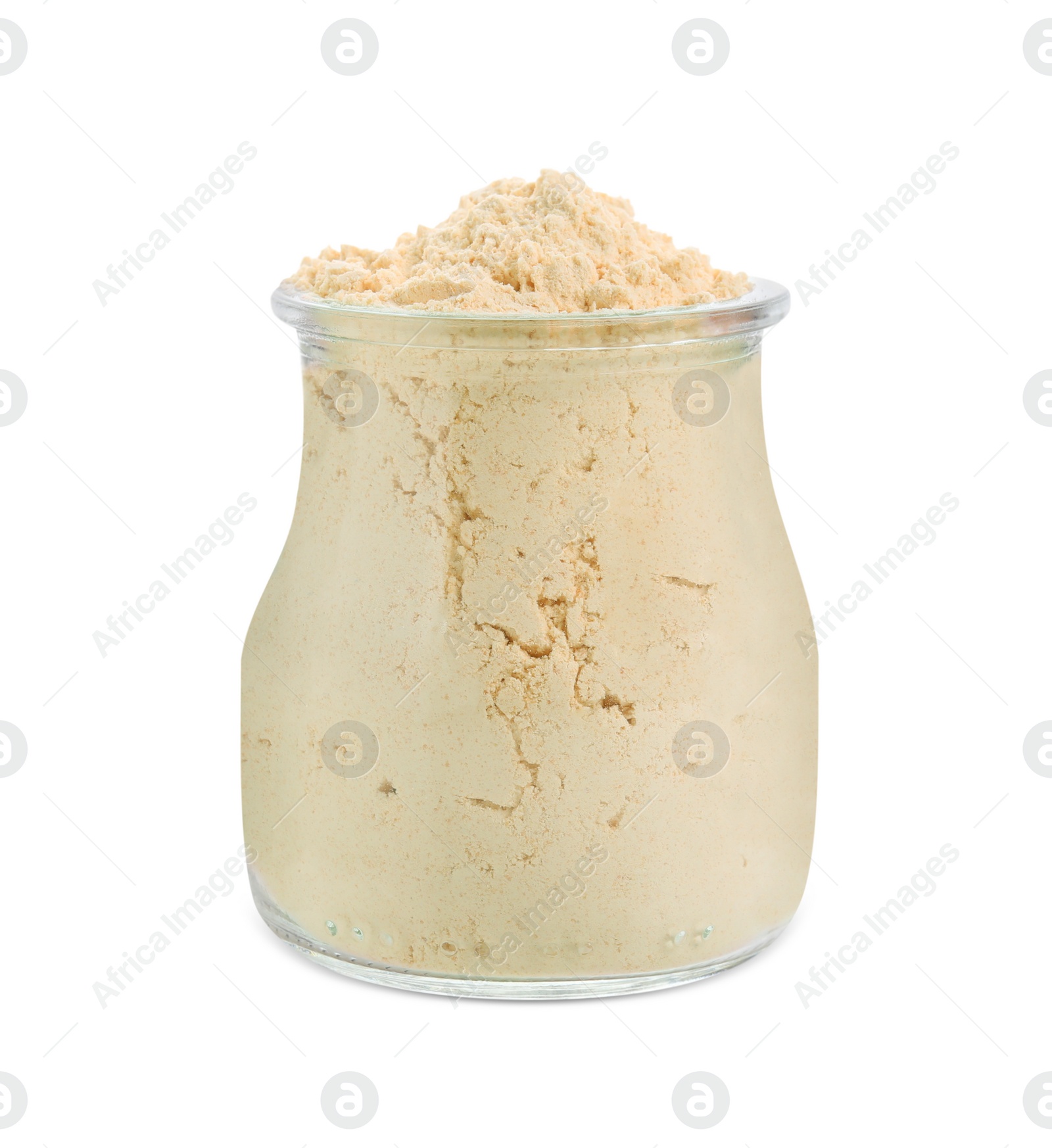 Photo of Lentil flour in glass jar isolated on white