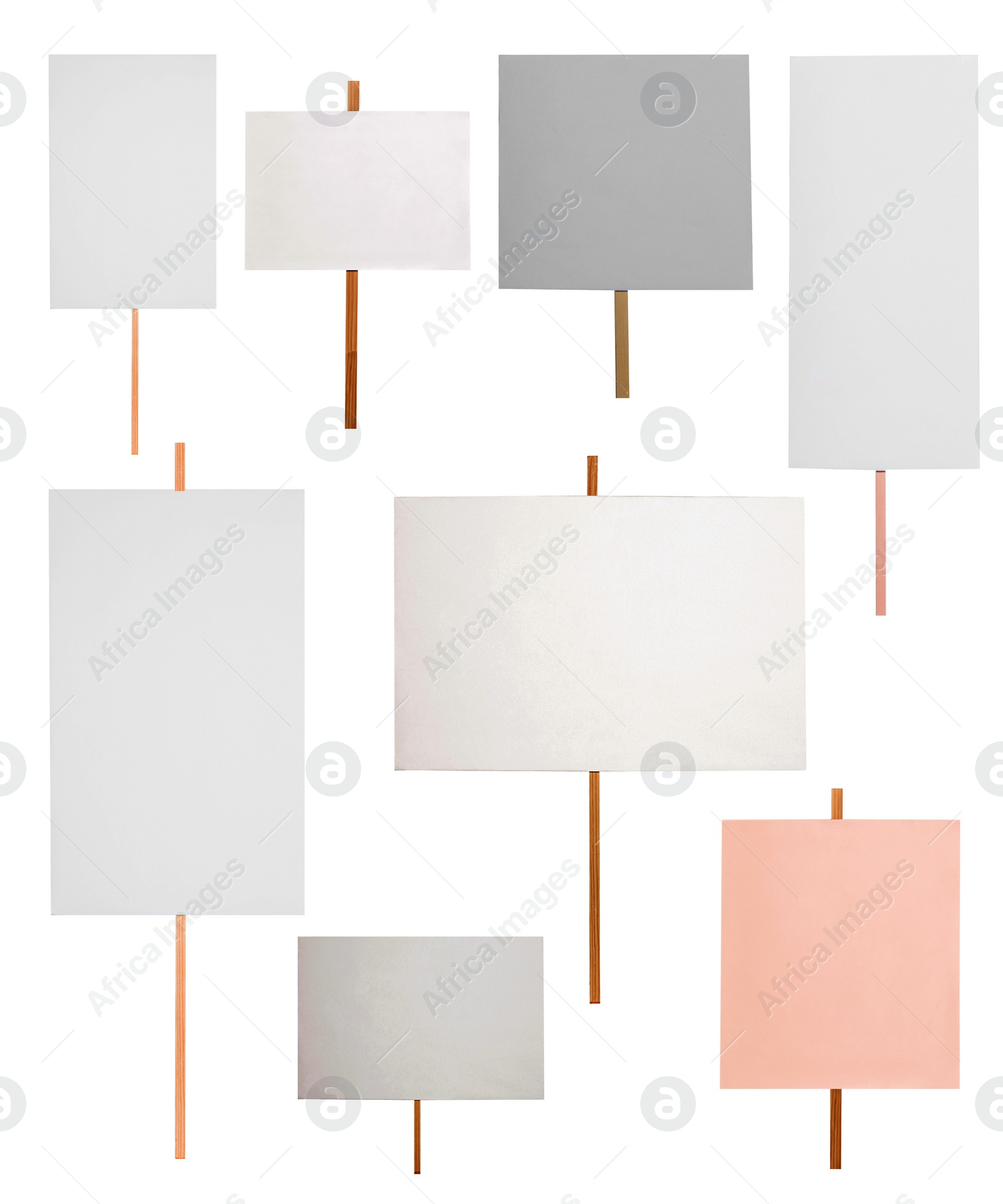 Image of Set with different blank protest signs on white background