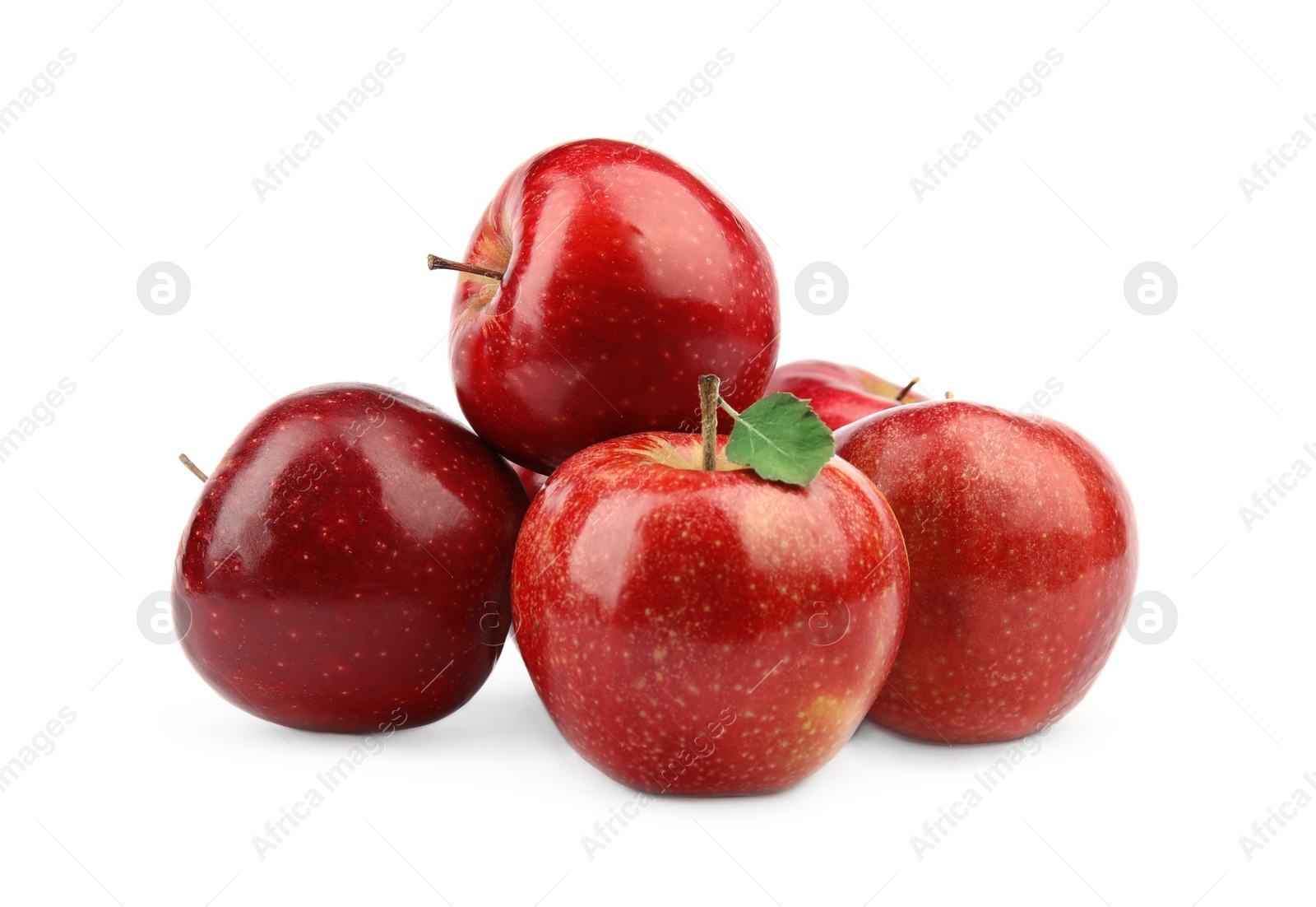 Photo of Ripe juicy red apples with leaf on white background