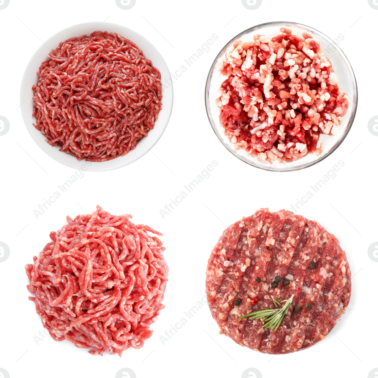 Image of Set with raw minced meat on white background, top view