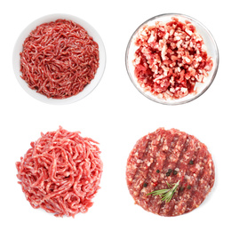 Set with raw minced meat on white background, top view