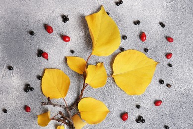 Photo of Branch with yellow leaves and berries on grey textured table, flat lay