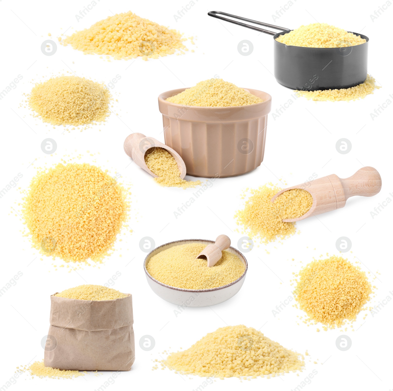 Image of Raw dry couscous isolated on white, set