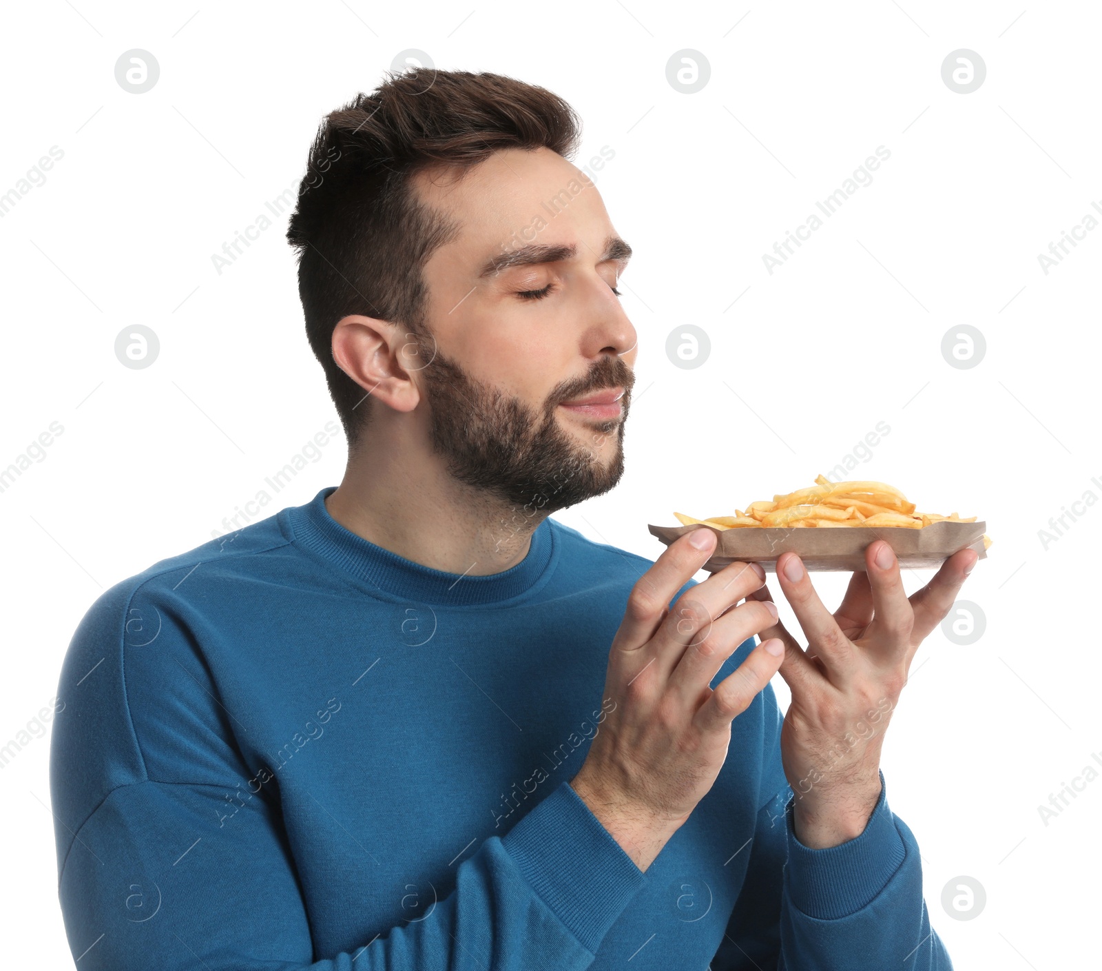 Photo of Man with French fries on white background