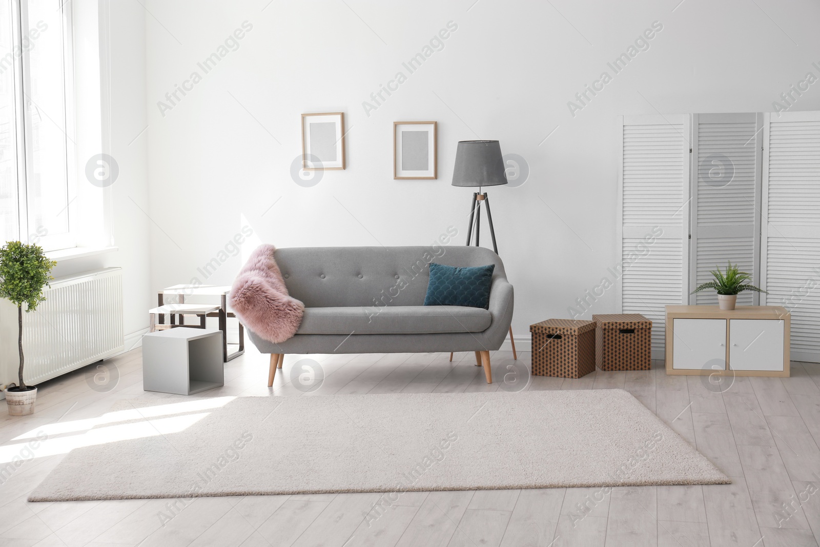 Photo of Modern living room interior with comfortable sofa and beautiful carpet