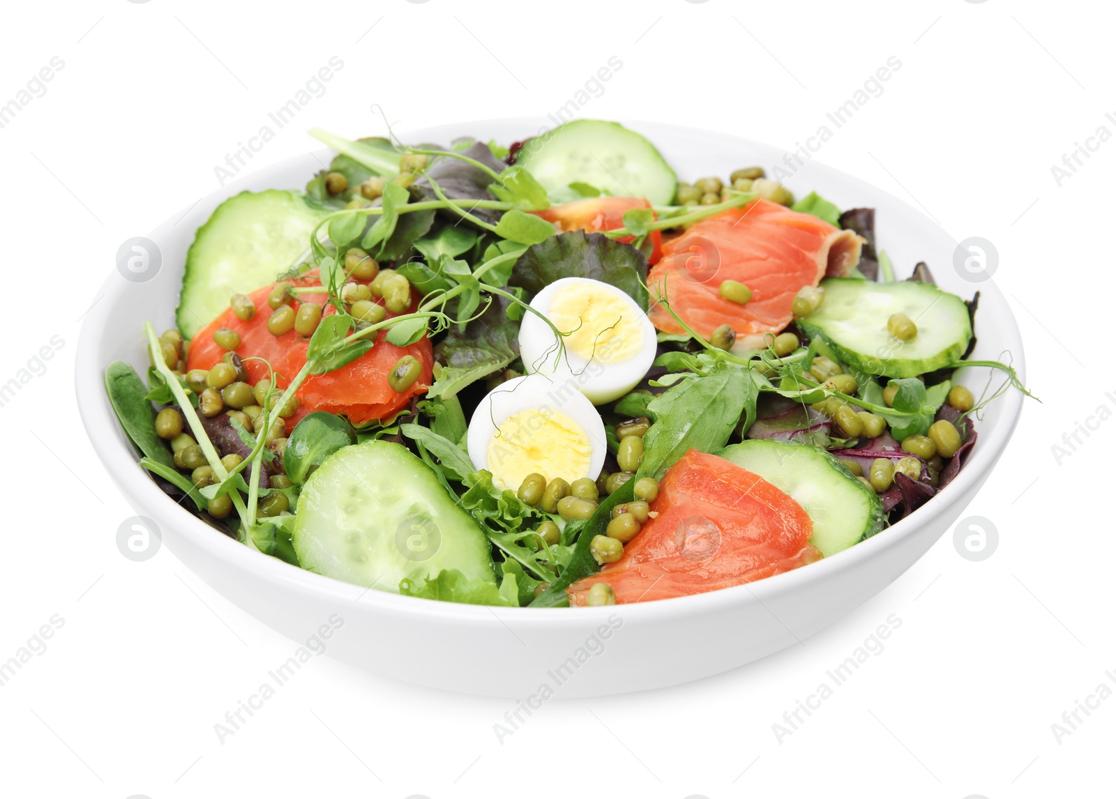 Photo of Bowl of salad with mung beans isolated on white