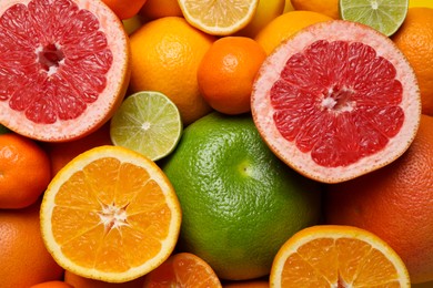 Different ripe citrus fruits as background, top view