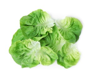 Photo of Fresh green butter lettuce leaves isolated on white, top view