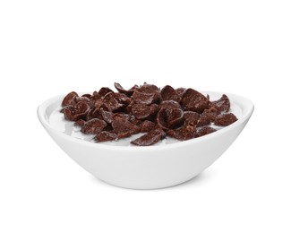 Photo of Breakfast cereal. Chocolate corn flakes and milk in bowl isolated on white