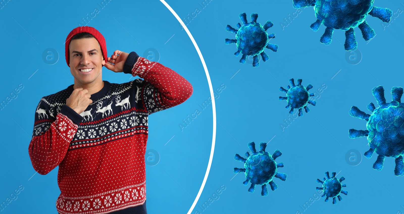 Image of Man with strong immunity surrounded by viruses on light blue background, banner design