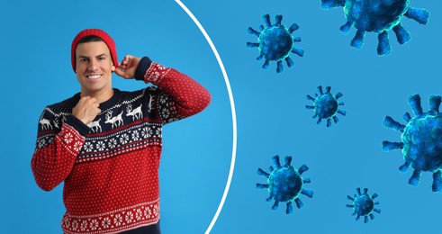 Man with strong immunity surrounded by viruses on light blue background, banner design