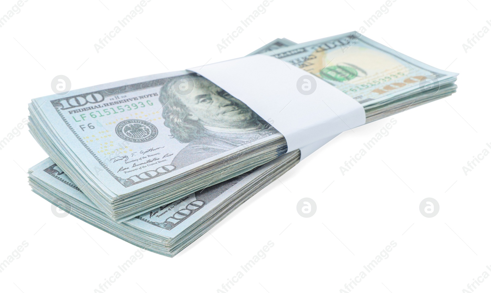 Photo of Bundles of dollar banknotes isolated on white. American national currency