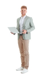 Young man with laptop on white background