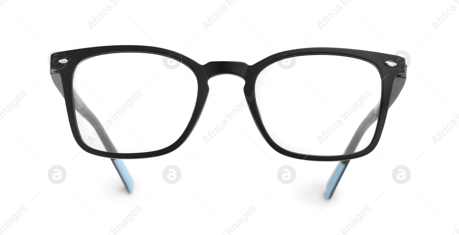 Photo of Stylish pair of glasses with black frame isolated on white