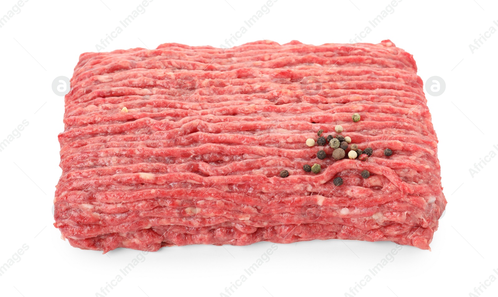 Photo of Raw ground meat and peppercorns isolated on white