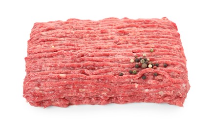 Photo of Raw ground meat and peppercorns isolated on white