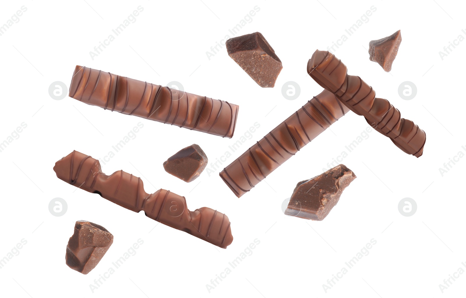 Image of Tasty chocolate bars falling on white background